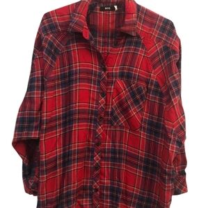 BDG Women's Red Plaid Flannel Long Sleeve Button Down ShiLLL